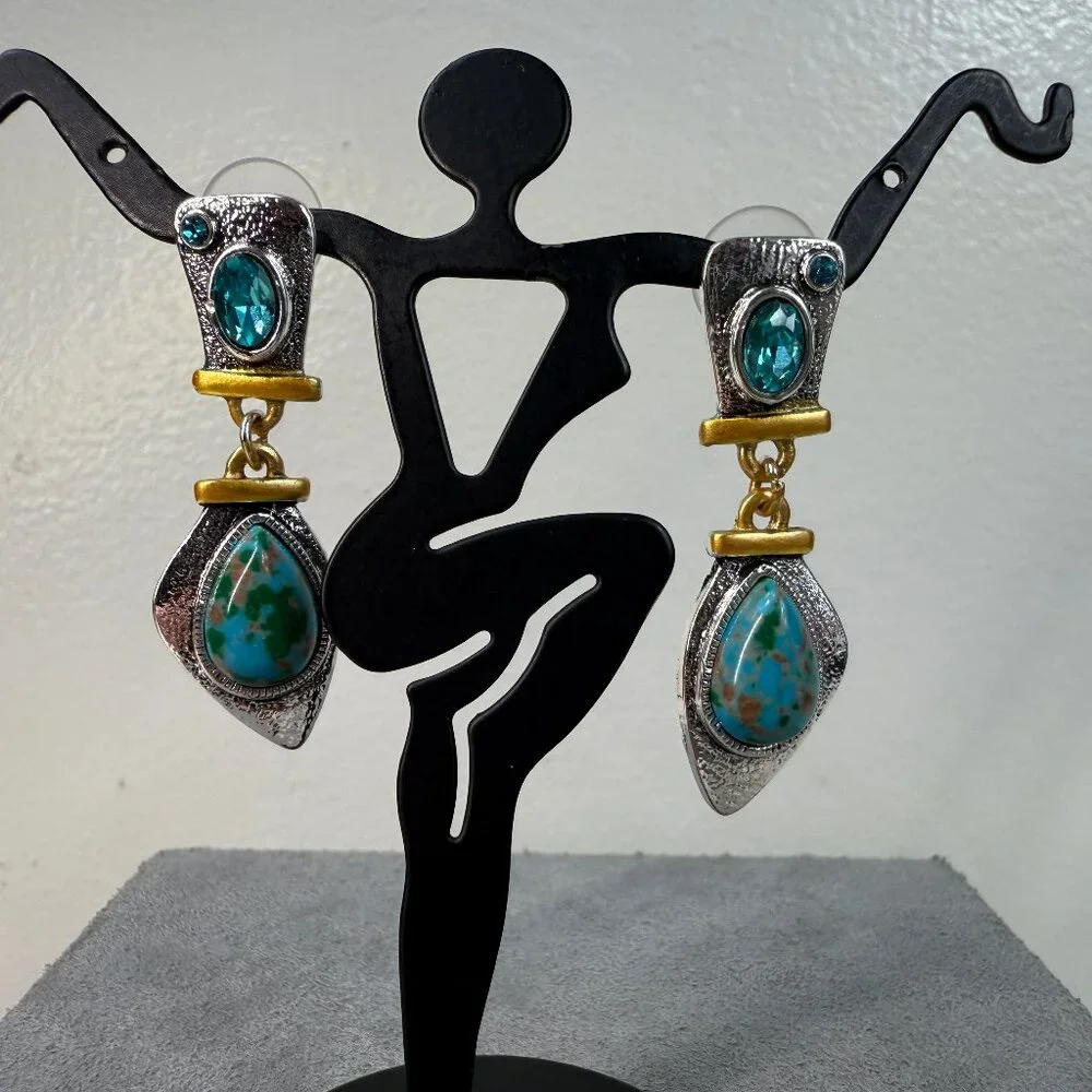 Gold & Silver Tone Blue Rhinestone Dangle & Drop Pierced Earrings